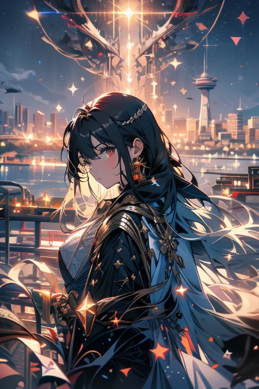One girl, High resolution, Long Hair, Brown Hair, Red eyes, Close your mouth, cool,Land of Ice,Night Sky,Aurora,Looking up,Green mod coat,Beautiful,Fantastic landscape