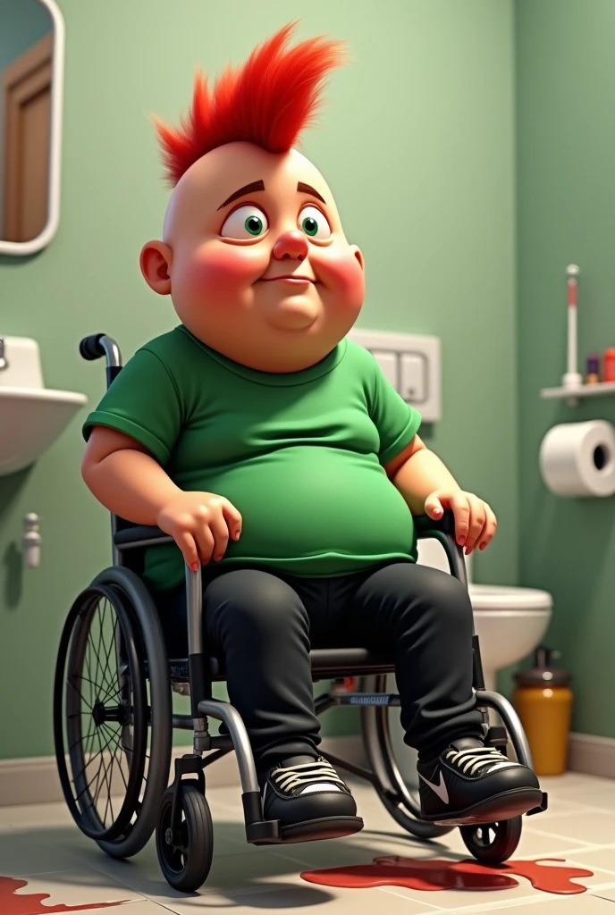 make a fat wheelchair boy with a red mohawk, a green t-shirt, a black pair of pants and a black pair of Nike sneakers defecating in the bathroom