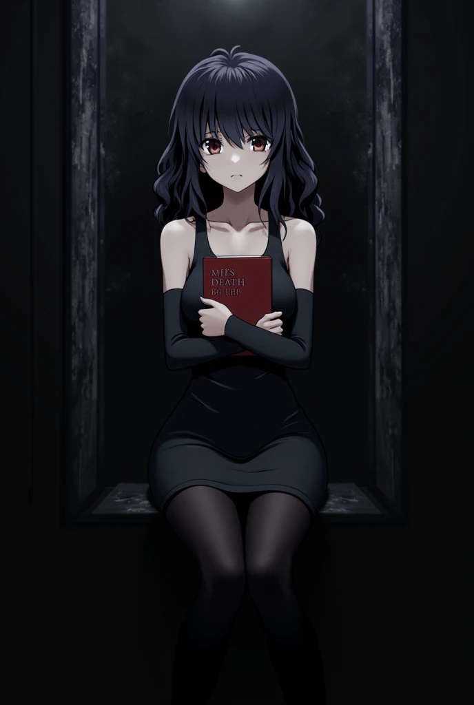 I want a 3d drawing of Misa Aname from Dead Note with curly hair and bangs, dark hair and brown eyes, with the Dead Note notebook in his hand and the girl is dressed in a black dress and black tights on her arms