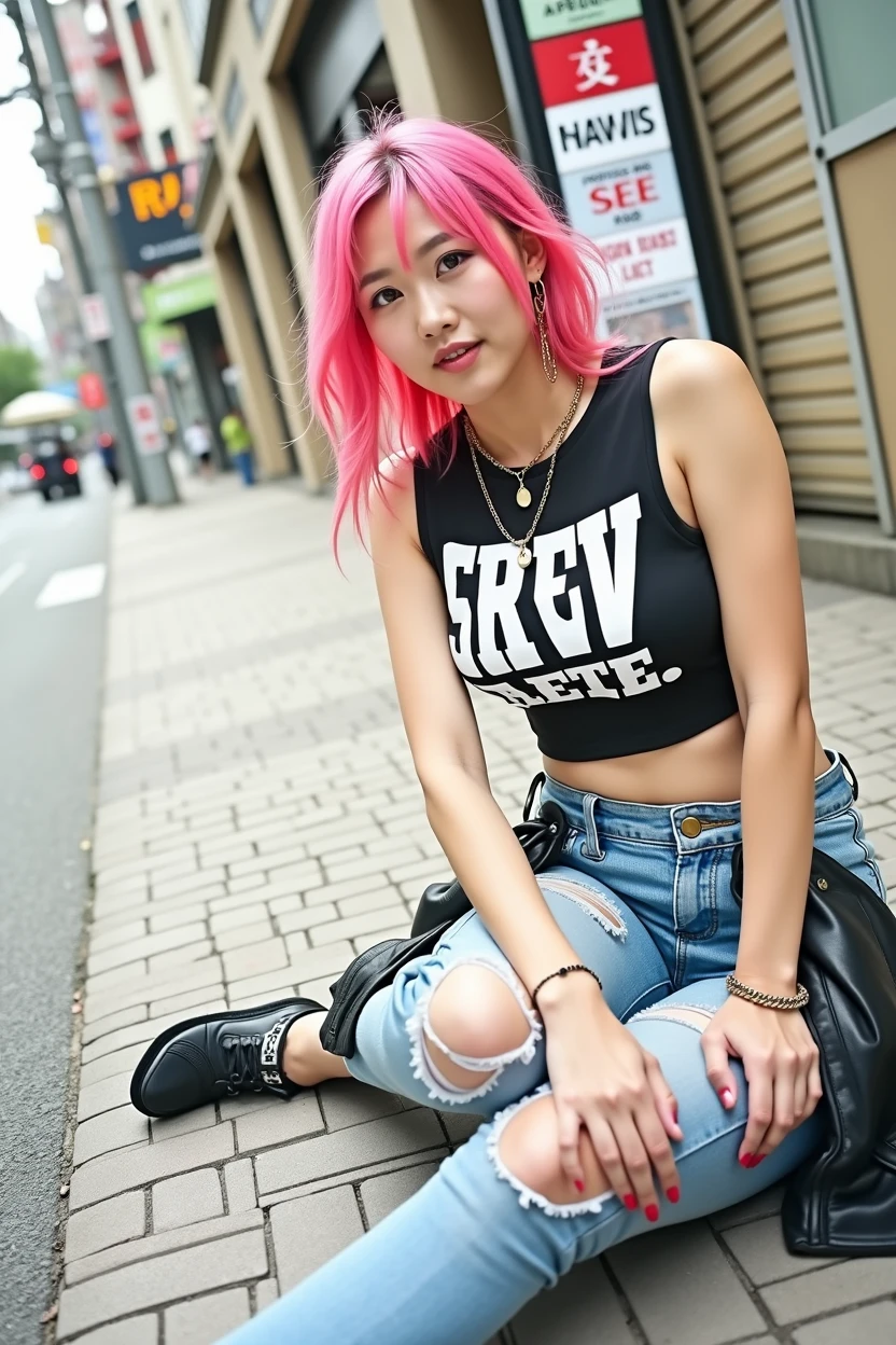 ((((Woman's ridiculously large breasts change, slender curves, big , big breasts, big , super beautiful woman, whip-smacking body)))), adult video poster layout, text on screen: "BAND GIRL Shocking AV debut!!★MIRU KOGURE", (((Japanese woman with large black guitar case)))), 26 year old adult woman wearing black crew neck top with large English letters on her chest and short blue jeans posing for a photo shoot, big breasted female porn actor, dynamic pose, rock music magazine model pose,. Japanese female fashion model, (((very bright pink hair))), happy expression, thick chain accessories on neck and arms, (((in front of Asakusa strip theater))), pure beautiful smile, intelligent face, slender curves, large breasts, wearing black t-shirt, small leather jacket Wearing black T-shirt, very small leather jacket, denim shorts, (((extreme low angle))), null, Bill, holding black guitar case with guitar strap, (((DVD mark, Blu-ray mark))).