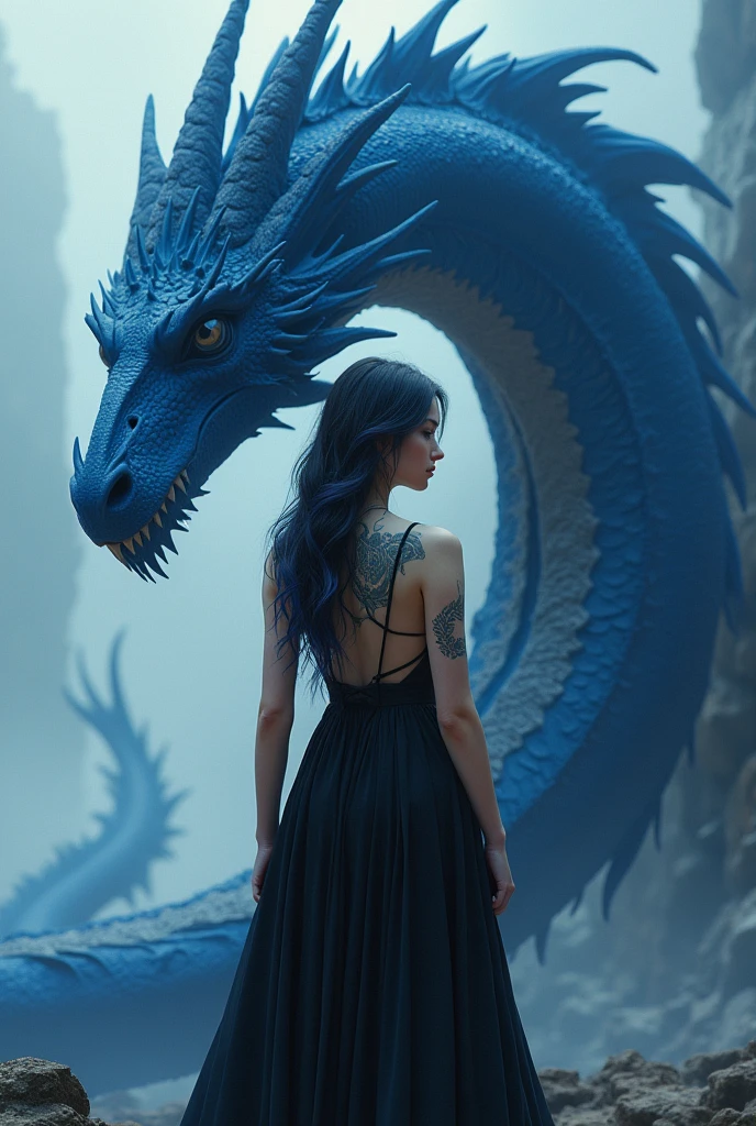 a nineteen-year-old American girl with a statuesque body, wearing a long, tight black dress with a low-cut back that leaves the blue dragon tattoo on display on her back. Her hair is long and black with light blue at the ends.. Skin color is light. Behind her is a large blue dragon with a morning star tipped tail..