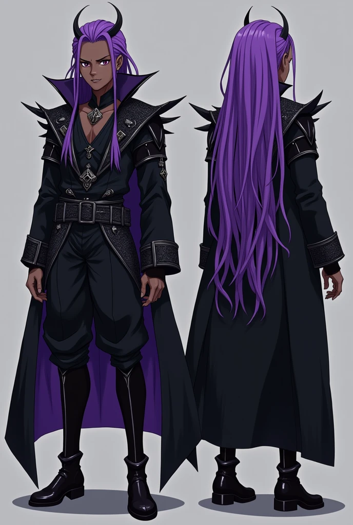 make a front and back base anime character sheet, dark skin, purple dreadlock hair, dark villainous outfit, back view, front view