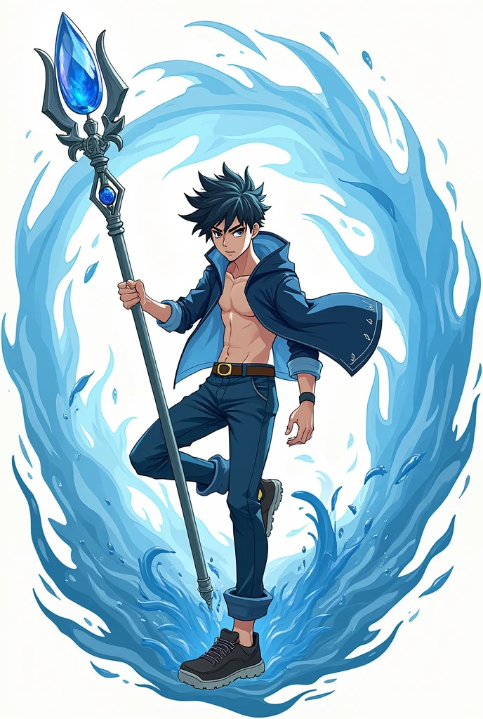 Full body shot of a 19 year old boy with water energy around him holding a staff wearing open jacket and shoes in anime style