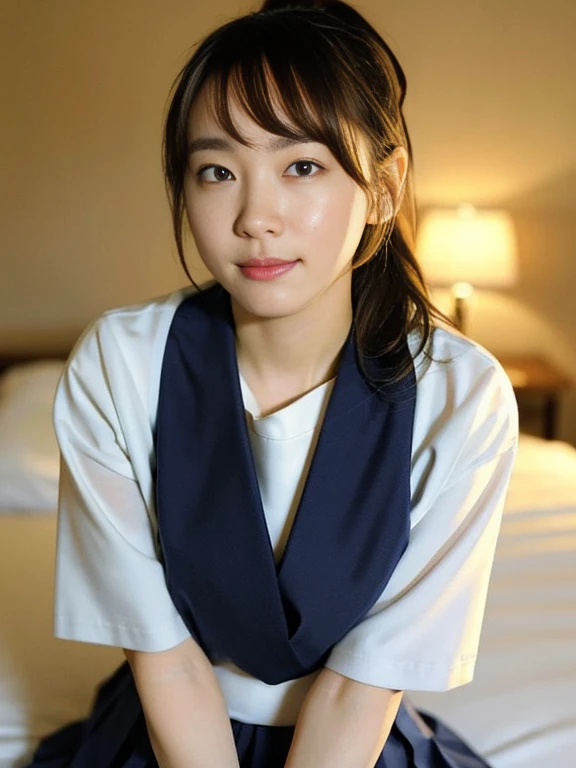 (Masterpiece, Best quality: 1.4), (Ultra realistic, Photo-realistic: 1.2), Full body, (kneeling: 1.3), Looking at viewer, Natural light, 28 years old actress, Japanese women, (arms behind back: 1.2), Neat and clean, ((Wearing Sailor school suit, Short-sleeve uniform white shirt, Navyblue pleated skirt:1.2)), (unbutton:1.3), Wearing white sock, (ponytail: 1.2), Light brown hair color, (Beautiful Face), Oval face, clear, (Beautiful eyes, Kind eyes), (Clear skin), Small face, (Small mouth, Beautiful mouth), Natural makeup, Approachable, Hotel Suite room, On bed, (nsfw:1.1), Seductive smile, Seductive pose, Beautiful thighs, Touch pussy, Bedroom eyes, Spread legs,