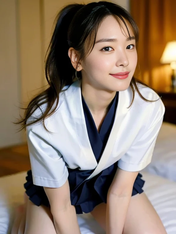 (Masterpiece, Best quality: 1.4), (Ultra realistic, Photo-realistic: 1.2), Full body, (kneeling: 1.3), Looking at viewer, Natural light, 28 years old actress, Japanese women, (arms behind back: 1.2), Neat and clean, ((Wearing Sailor school suit, Short-sleeve uniform white shirt, Navyblue pleated skirt:1.2)), (unbutton:1.3), Wearing white sock, (ponytail: 1.2), Light brown hair color, (Beautiful Face), Oval face, clear, (Beautiful eyes, Kind eyes), (Clear skin), Small face, (Small mouth, Beautiful mouth), Natural makeup, Approachable, Hotel Suite room, On bed, (nsfw:1.1), Seductive smile, Seductive pose, Beautiful thighs, Touch pussy, Bedroom eyes, Spread legs,
