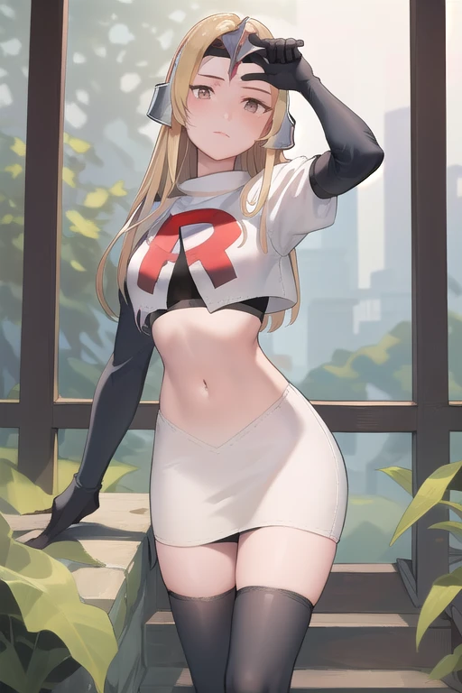 masterpiece, best quality, mathilda, helmet,  looking at viewer, team rocket,team rocket uniform,white skirt,red letter R,crop top,black thigh-highs,black elbow gloves