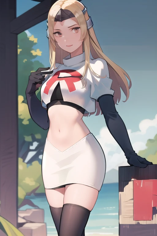 masterpiece, best quality, mathilda, helmet, looking at viewer, team rocket,team rocket uniform,white skirt,red letter R,crop top,black thigh-highs,black elbow gloves