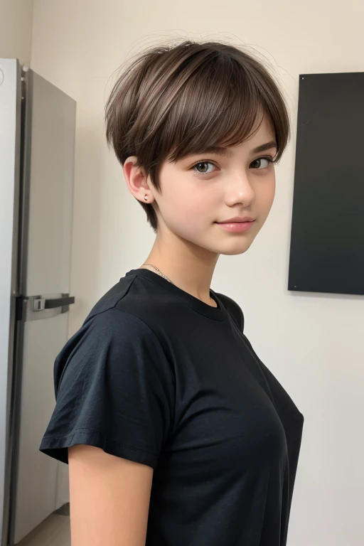 A 14 year old beautiful and slim girl, short hair, tomboy hairstyle, breasts can be seen, wearing oversized tshirt, european girl.