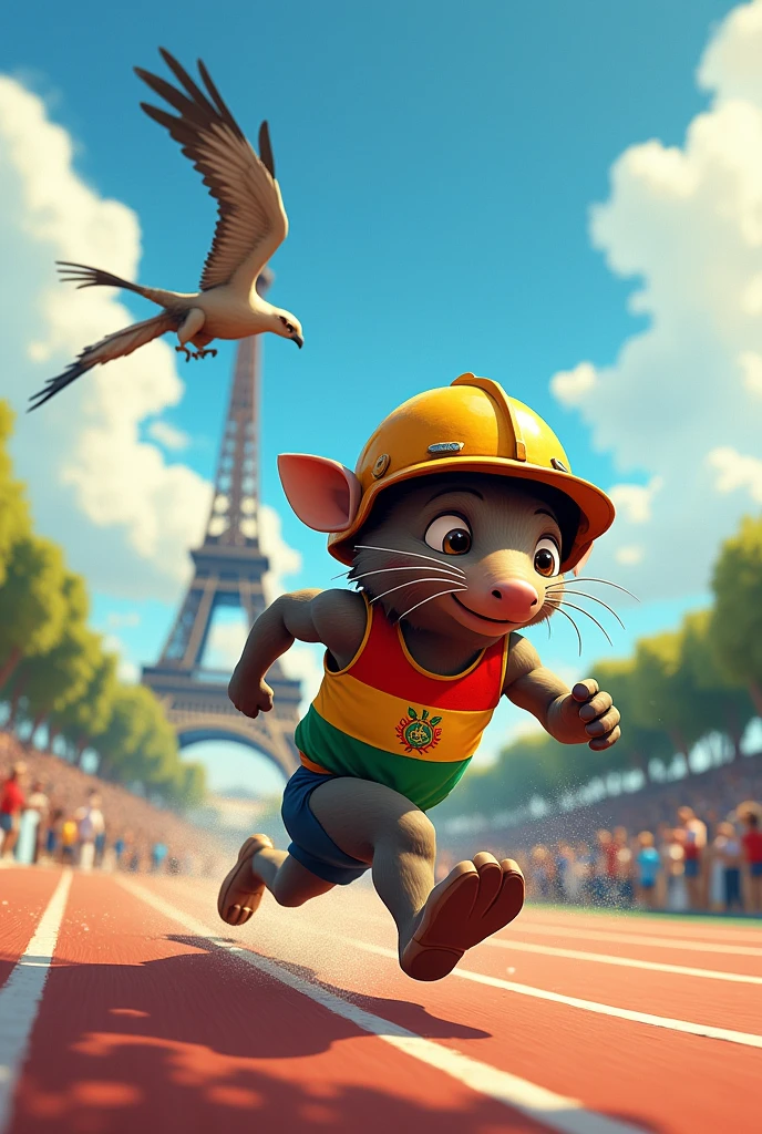 An animated armadillo athlete running in Paris 2024 with an old miner's helmet and his third Bolivian flag (Red color, yellow and green horizontally)
A lead puma chasing behind it an Andean condor in the air