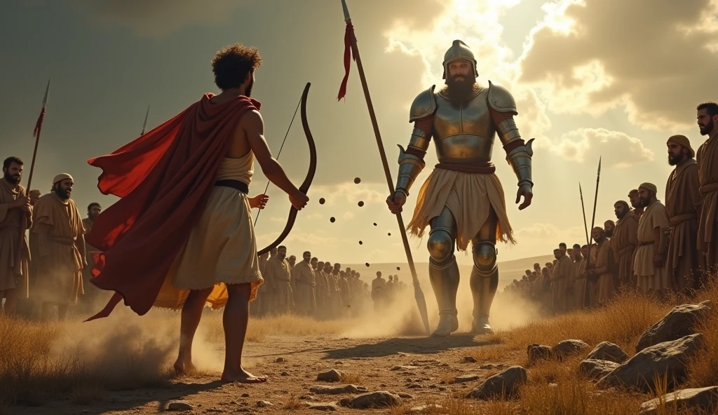 Imagine uma cena épica e intensa que captura o momento crucial da luta entre Davi e goliath. En el centro de la imagen, Davi, a young shepherd, is in a position of attack, holding a slingshot and five stones in his hands. Your gaze is determined and full of courage, and he is dressed in simple shepherd&#39;s clothes, with a cloak that flutters lightly in the wind. Ao fundo, we can see a vast battlefield, with a crowd of Israelites and Philistines watching in anticipation.

In front of you, goliath, an imposing giant, rises like a mountain of strength. He is depicted in shining armor, holding a huge spear, that looks almost disproportionate in your hands. Your face is a mask of contempt, as he laughs disdainfully at his opponent. A expressão de Davi contrasta com a de goliath, showing not only the bravery of the young man, but also confidence in your faith.

Ao fundo, The sky is laden with dark clouds, creating an atmosphere of tension and drama, as rays of light illuminate the figure of David, symbolizing your inner strength. The surrounding terrain is rugged, with stones and grass, where the marks of the previous battle are still visible. This image should capture the essence of the struggle between good and evil., courage in the face of adversity, and the faith that can move mountains.