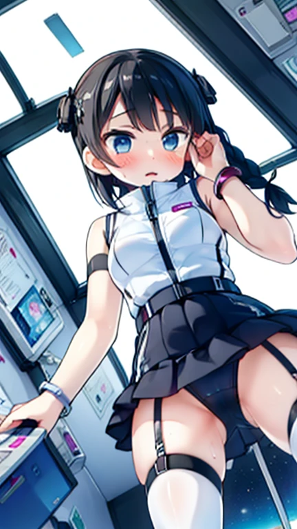 (Highest quality), (masterpiece), 1080P, High resolution, 4K, 8k, Inside the space station、Futuristic room、Thigh straps, Shooting from directly below, The woman on top of me, 白いSweat, Covered , Sweat, Woman looking down, Skirt swimsuit, Thigh-high socks, To achieve this, , , whole body, Black leather shoes, Braided hair, Inner Color, Embarrassed face, Short black hair, bracelet, Bedroom,celestial body_Vest