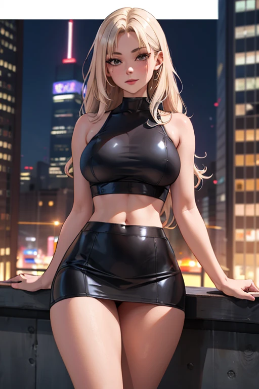 masterpiece, best quality, shadows, perfect hands, perfect legs, perfect anatomy, pretty face, mature features, 1 girl, 21 years old, MILF, mature woman, tight crop top, sexy leather skirt, city night background, white long hair, thighs, ass, breast, seductive, spicy, posing, cinematography lights,
