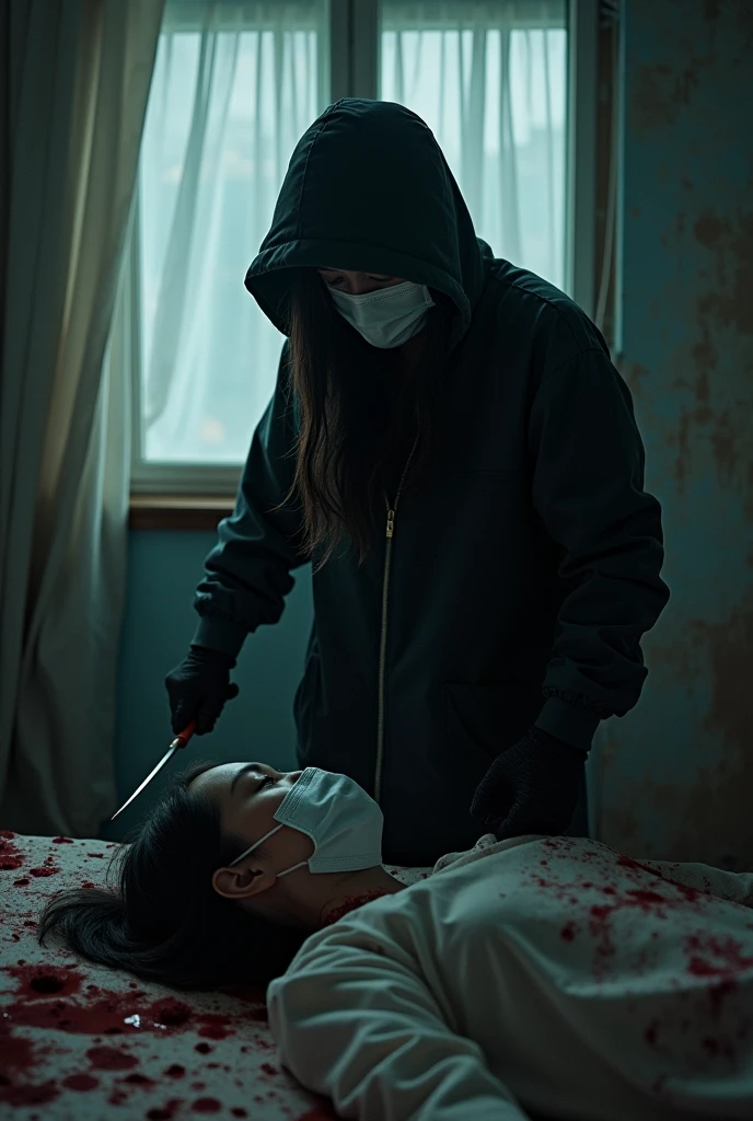 korean girl, (behind corpse, holding knife), surgical mask, black gloves, room full of blood, black raincoat, trucker hat, hood up, holding knife, black gloves, woman on top, behind corpse, blood splatter, on the bed, mass murderer, night, killer, blood splatter, dark atmosphere, cinematic lighting, atmospheric realistic, light from the window