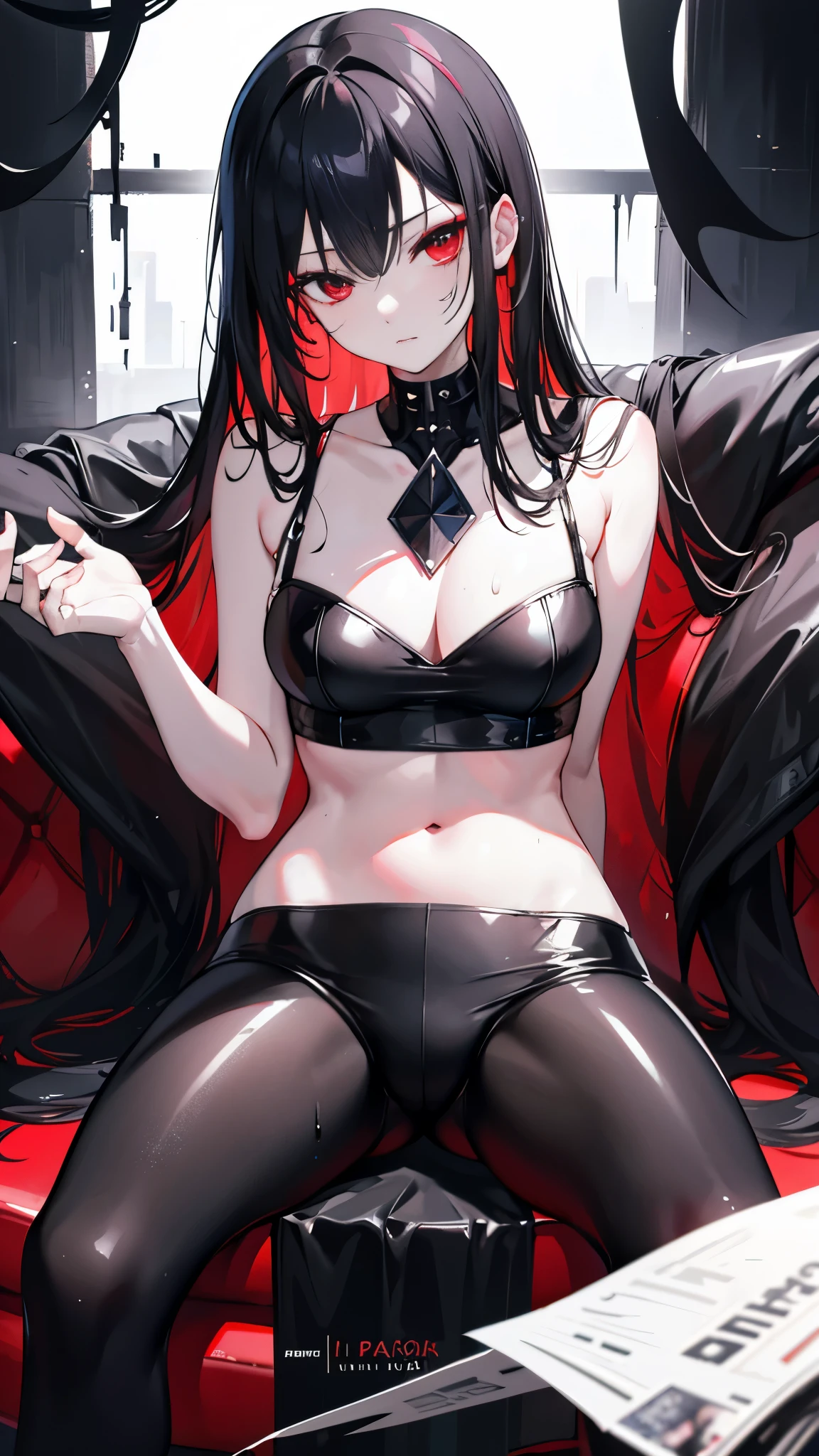 Dark style, black hair, white skin, red eyes, long hair, bangs,underwear,succubus,sitting,Sweat,Soaked,transparent,open legs,sofa,Playful,Leather pants