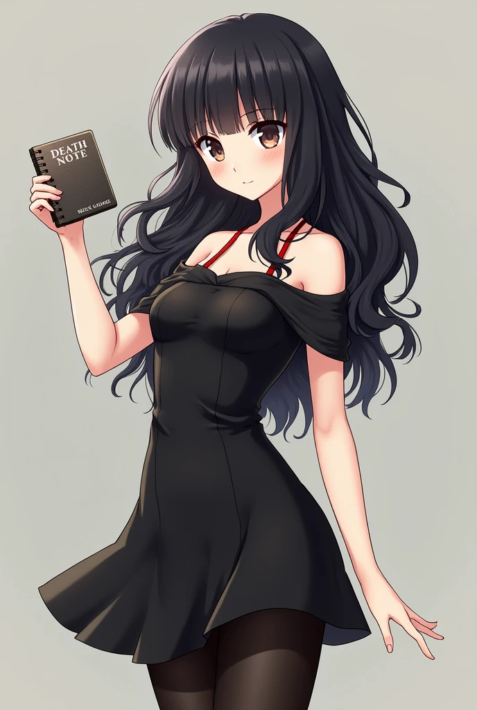 I want a 3d drawing of Misa Aname from Dead Note with curly hair and bangs, dark hair and brown eyes, with the Dead Note notebook in his hand and the girl is dressed in a black dress and black tights on her arms