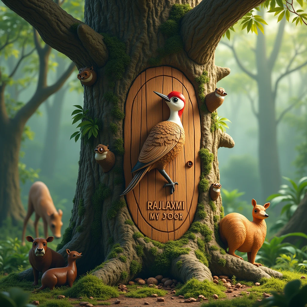 Woodpecker bird beautifully carved on live tree and also name carved as RAJLAXMI MY DOOR location is beautiful forest with beautiful of atleast 7 wild animals, don't create like anime, should look real