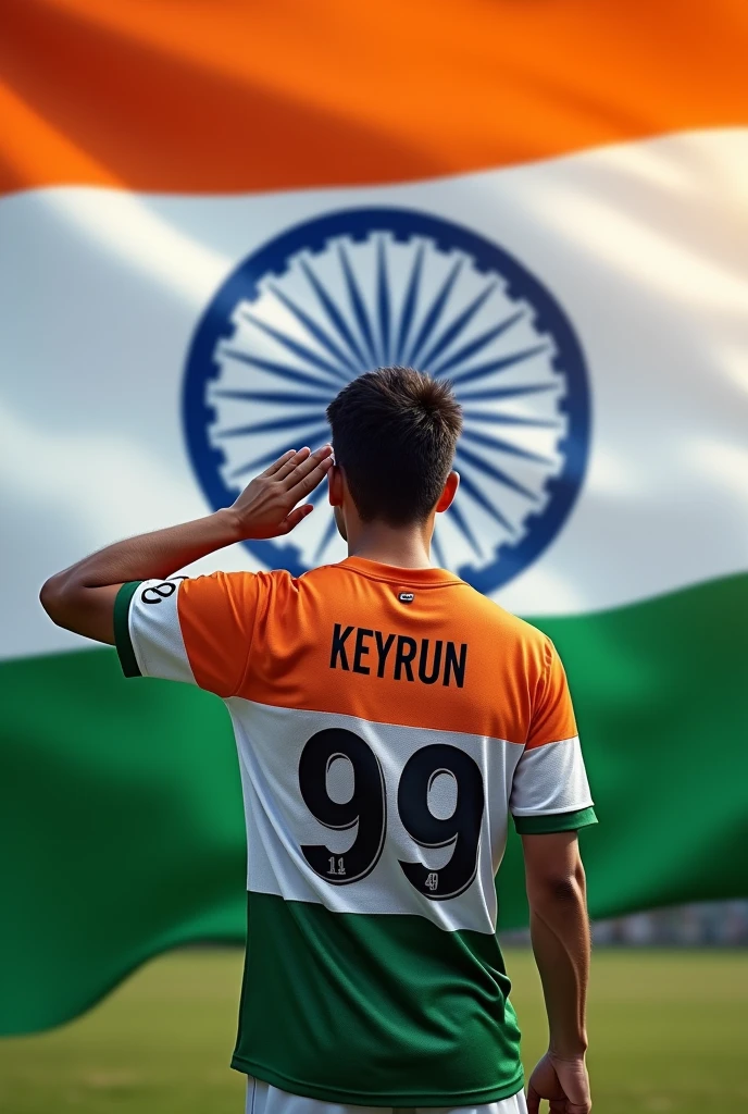 Front side Indian national flag, person wearing Indian flag jersey and salute to flag number 99 with Keyrun name