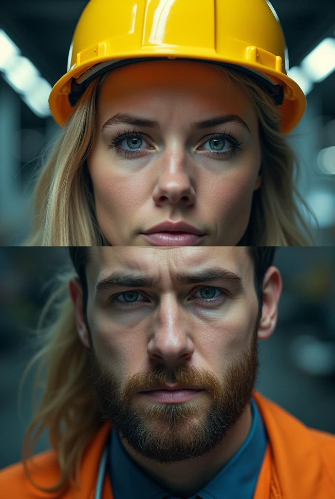 In the image, the top half features two individuals. On the left, a person with a strict, stern expression and a yellow hard hat looks downward. On the right, the same person with a calm, composed expression, still wearing the yellow hard hat, also looks downward. The bottom half shows another individual looking upward. On the left, this person displays visible anger and wears a white hard hat, while on the right, the same person has a look of ignorance or indifference and is also wearing the white hard hat. This visual contrast highlights differing perceptions of authority and safety.