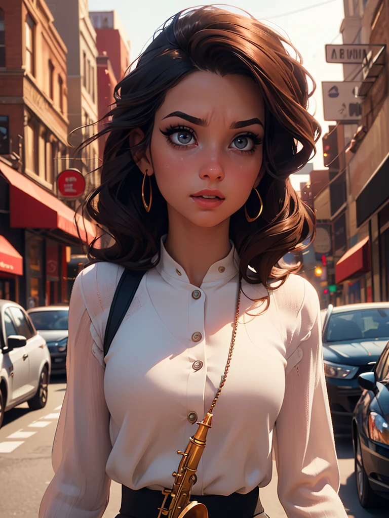 a young woman in her 20s walking down the street playing saxophone, highly detailed, ultra-realistic, 8K, photorealistic, dramatic lighting, cinematic composition, detailed facial features, beautiful detailed eyes, beautiful detailed lips, extremely detailed face, long eyelashes, elegant outfit, natural hair, dynamic pose, city street background, vibrant colors, warm lighting