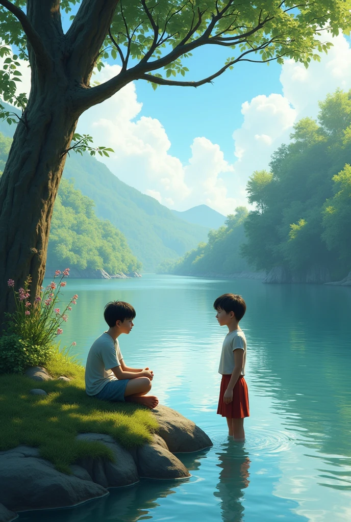 Make a pic two people on river leak one is sitting and other one is standup and ask something from down man