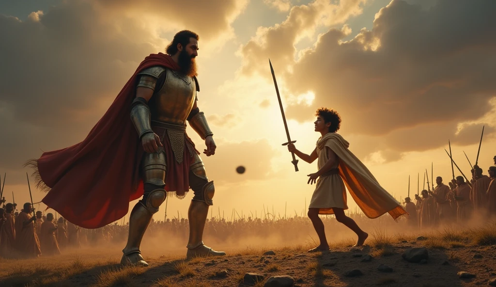 Imagine uma cena épica e intensa que captura o momento crucial da luta entre Davi e goliath. En el centro de la imagen, Davi, a young shepherd, is in a position of attack, holding an arrow and five stones in his hands. Your gaze is determined and full of courage, and he is dressed in simple shepherd's clothes, with a cloak that flutters lightly in the wind. Ao fundo, we can see a vast battlefield, with a crowd of Israelites and Philistines watching in anticipation.
In front of you, goliath, an imposing giant, rises like a mountain of strength. He is depicted in shining armor, holding a huge spear, that looks almost disproportionate in your hands. Your face is a mask of contempt, as he laughs disdainfully at his opponent. A expressão de Davi contrasta com a de goliath, showing not only the bravery of the young man, but also confidence in your faith.
Ao fundo, The sky is laden with dark clouds, creating an atmosphere of tension and drama, as rays of light illuminate the figure of David, symbolizing your inner strength. The surrounding terrain is rugged, with stones and grass, where the marks of the previous battle are still visible. This image should capture the essence of the struggle between good and evil., courage in the face of adversity, and the faith that can move mountains.