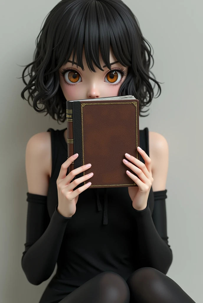 I want a 3d drawing of Misa Aname from Dead Note with curly hair and bangs, dark hair and brown eyes, with the Dead Note notebook in his hand and the girl is dressed in a black dress and black tights on her arms