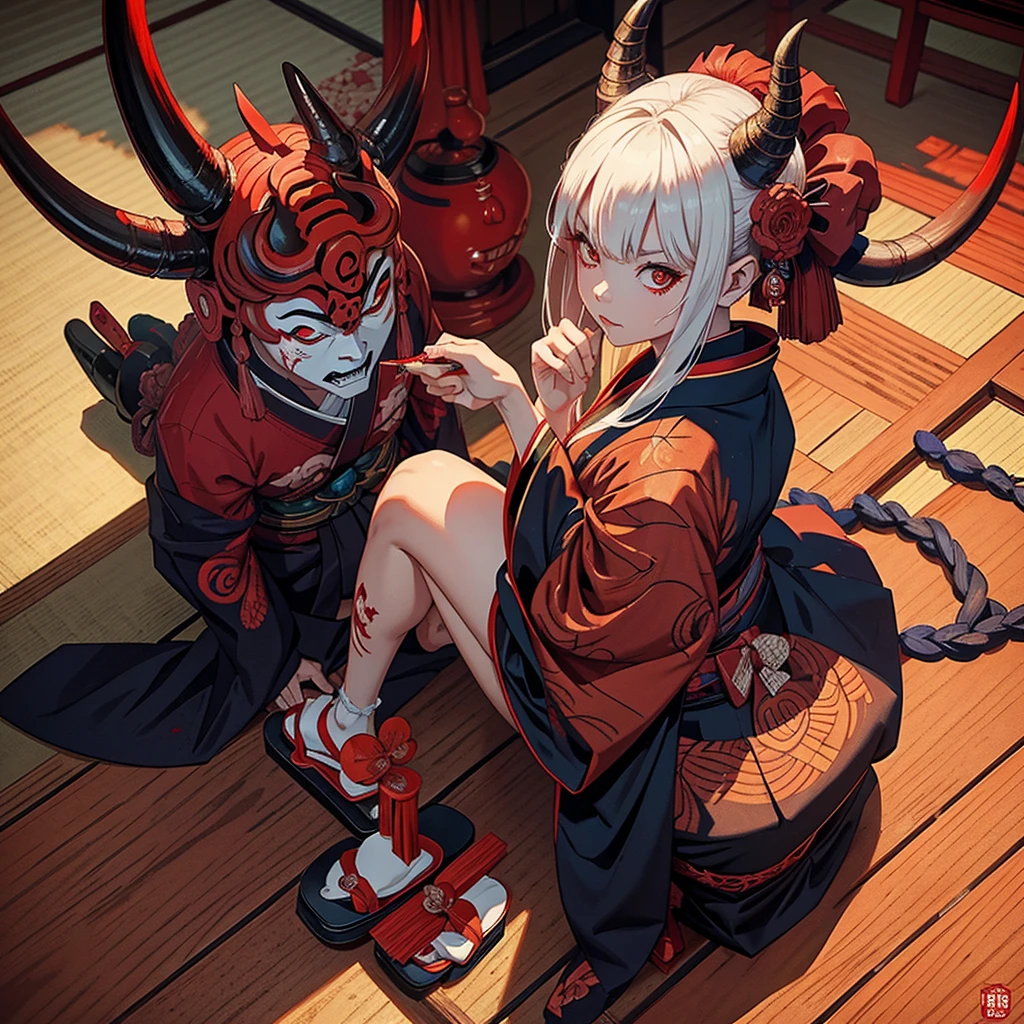 An oni, Japanese famale demon, horns and Terrifying mask, with a blood red kimono and her geta, traditional Japanese footwear . In the style of Wayne barlowe