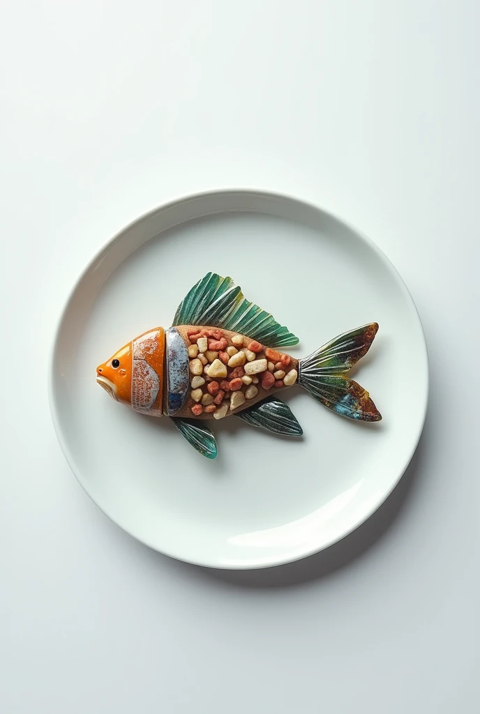 Pieces of plastic forming the silhouette of a fish on a plate
