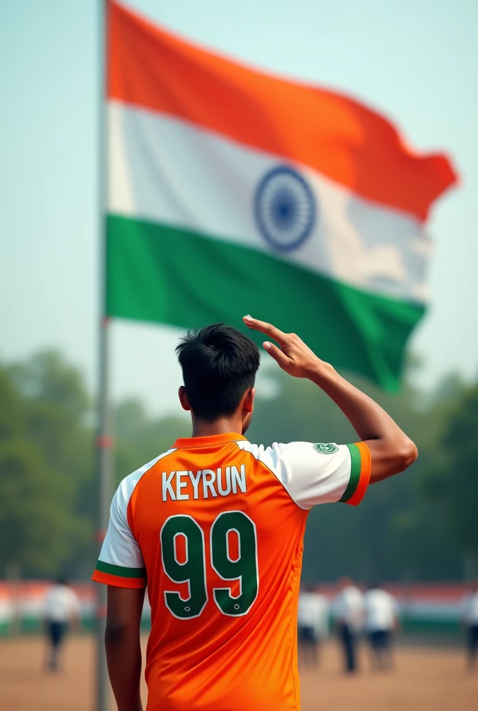 Front side Indian national flag, person wearing Indian flag jersey and salute to flag number 99 with Keyrun name 