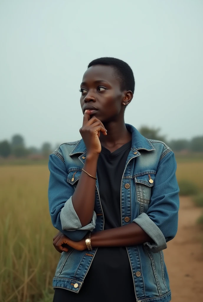 The african woman has short hair and is dressed in a denim jacket and dark shirt. He appears thoughtful, with a serene, natural background featuring clear skies and muted tones, emphasizing a rural, calm atmosphere.jpg