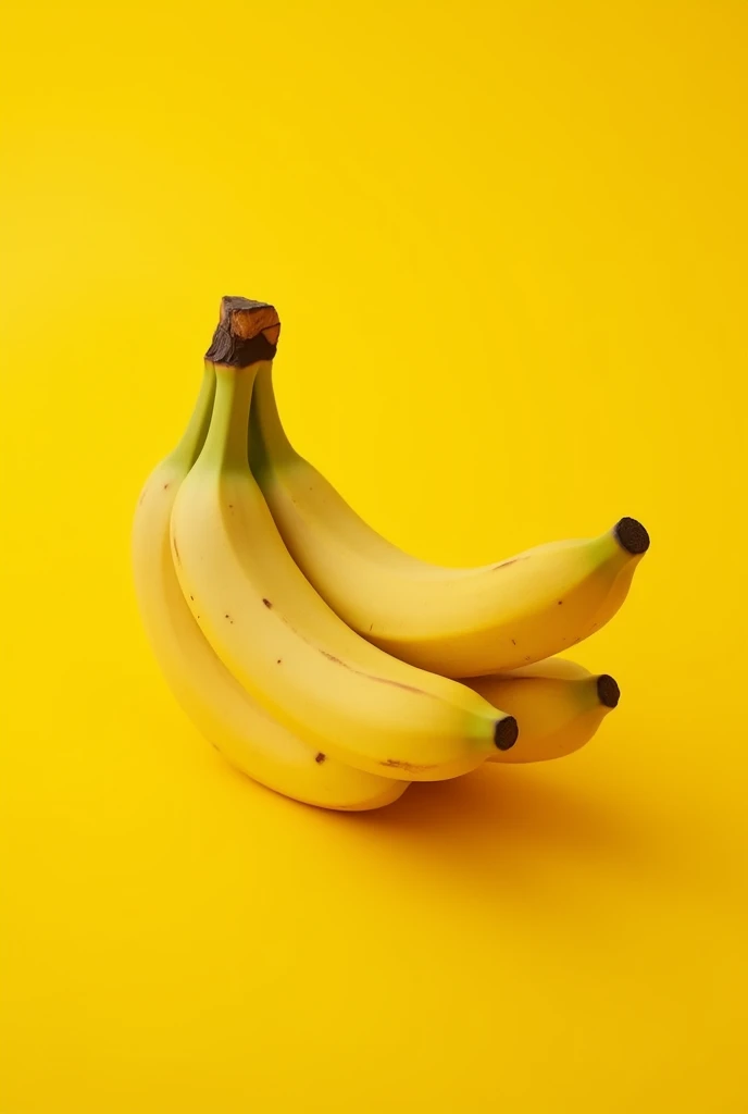 a realistic image of a banana bunch on a yellow background. The bananas should appear medium ripe and ready to eat, with no deformities. The photo should be taken with a Nikon Z7 camera and a prime 80mm lens, using an aperture of f/8 and a shutter speed of 1/125. The image should be well-balanced in composition, following the rule of thirds and the golden ratio. The lighting should be natural and use daylight white balance. The photo should be sharp, well-lit, and high-resolution. Please ensure that the bananas look good, natural, and are displayed in a way that is pleasing to the eye.
