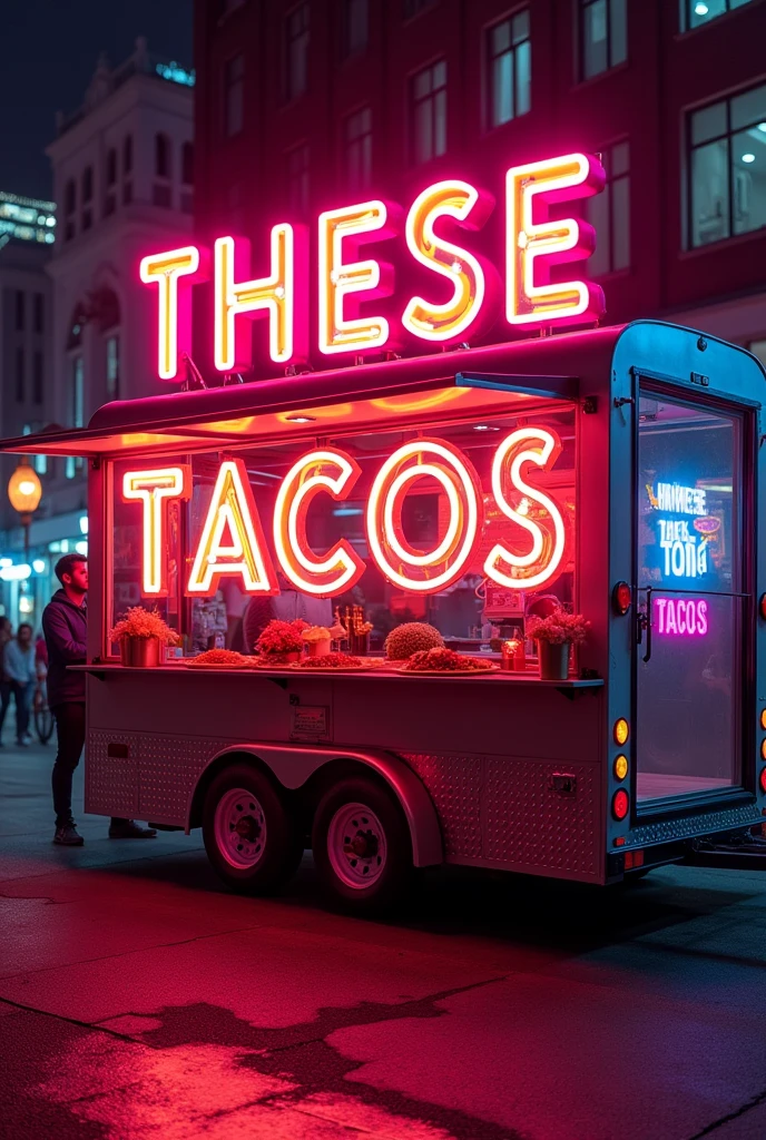 Create a phrase for a food trailer with neon letters written "these tacos"
