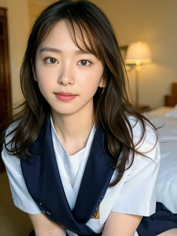 (Masterpiece, Best quality: 1.4), (Ultra realistic, Photo-realistic: 1.2), Full body, (kneeling: 1.3), Looking at viewer, Natural light, 28 years old actress, Japanese women, (arms behind back: 1.2), Neat and clean, (Sailor suit, Navyblue collar, White shirts, Short sleeve, School uniform, Navyblue skirt, Black skirt), Wearing white sock, (ponytail: 1.2), Light brown hair color, (Beautiful Face), Oval face, clear, (Beautiful eyes, Kind eyes), (Clear skin), Small face, (Small mouth, Beautiful mouth), Natural makeup, Approachable, Hotel Suite room, On bed, (nsfw:1.1), Seductive smile, Seductive pose, Beautiful thighs, Touch pussy, Bedroom eyes, Spread legs,