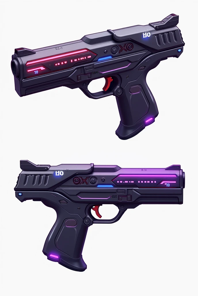 make an anime gun, purple and red streaks, fromt view, back view