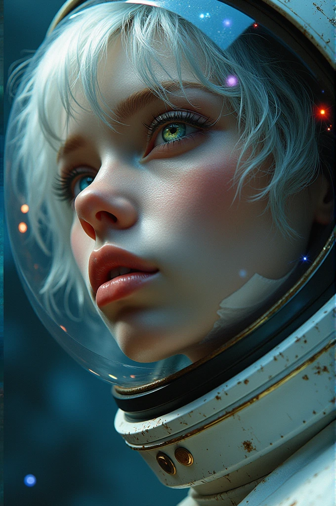 (Close-up of a better masterpiece:1.5)0.9], (Space and astronauts:1.2) (Messy silver hair:1.1) (Heterochromia xanthochromia and blue eyes:1.2) (Space Helmet:1.0) (Colored stars in the eyes:1.0) (A radiant glow:1.1) (thick lips:0.9)