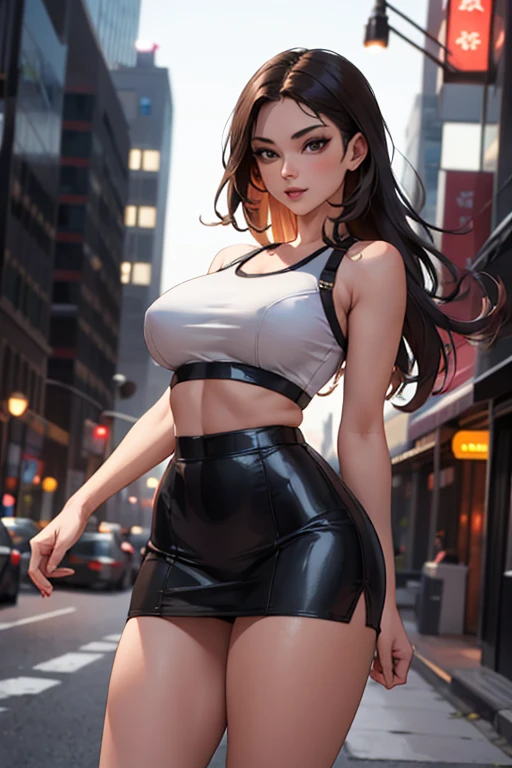 masterpiece, best quality, shadows, perfect hands, perfect legs, perfect anatomy, pretty face, mature features, 1 girl, 21 years old, MILF, mature woman, tight crop top, sexy leather skirt, city night background, white long hair, thighs, ass, breast, seductive, spicy, posing, cinematography lights,