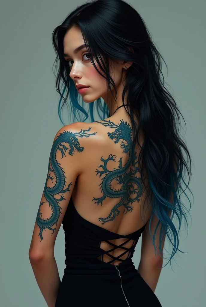 a nineteen-year-old American girl with a statuesque body, wearing a long, tight black dress with a low-cut back that leaves the blue dragon tattoo on display on her back. Her hair is long and black with light blue at the ends.. Skin color is light.