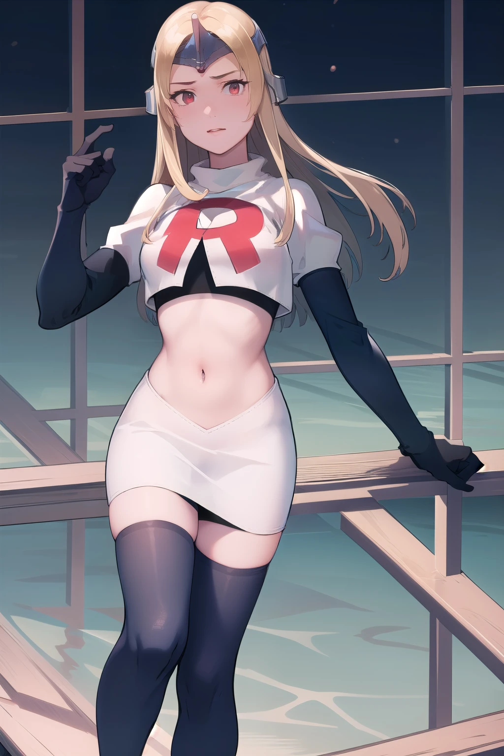 masterpiece, best quality, mathilda, helmet,  looking at viewer, team rocket,team rocket uniform,white skirt,red letter R,crop top,black thigh-highs,black elbow gloves