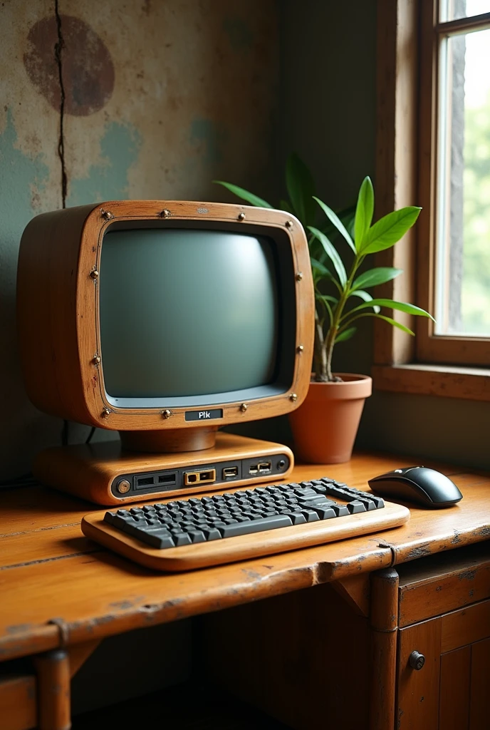 Create a gaming PC made with round bamboo woods, where is the monitor, the keyboard and mouse and it has to look old and retro 