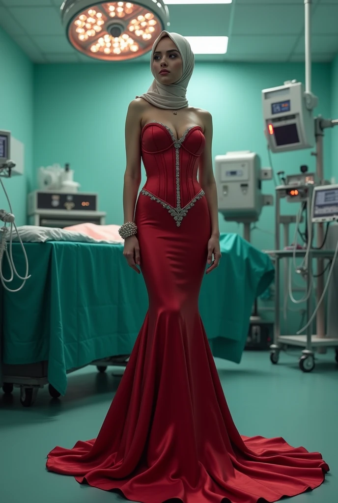 a woman in the silk gown, full body,wear hijab,wear corset ,brest expose, half neked, mermaid tight long gown, flowy dramatic long gown, double long satin train ( 4 meter long ),red satin sheet, in surgical operating room, in wear high heels, masterpice, 4k resolution, ultra-realistic, highly detail.