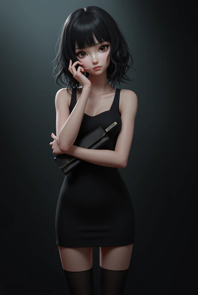 I want a 3d drawing of Misa Aname from Dead Note with curly hair and bangs, dark hair and brown eyes, with the Dead Note notebook in his hand and the girl is dressed in a black dress and black tights on her arms , on a dark background