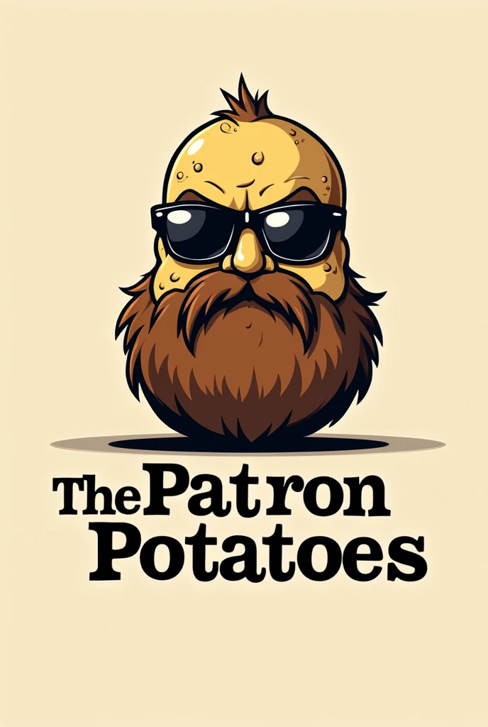 Make me a logo of a rude potato with sunglasses and a beard. say the phrase: "The Patron Potatoes"