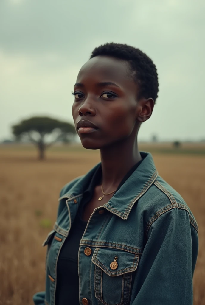 The african woman has short hair and is dressed in a denim jacket and dark shirt. He appears thoughtful, with a serene, natural background featuring clear skies and muted tones, emphasizing a rural, calm atmosphere.jpg