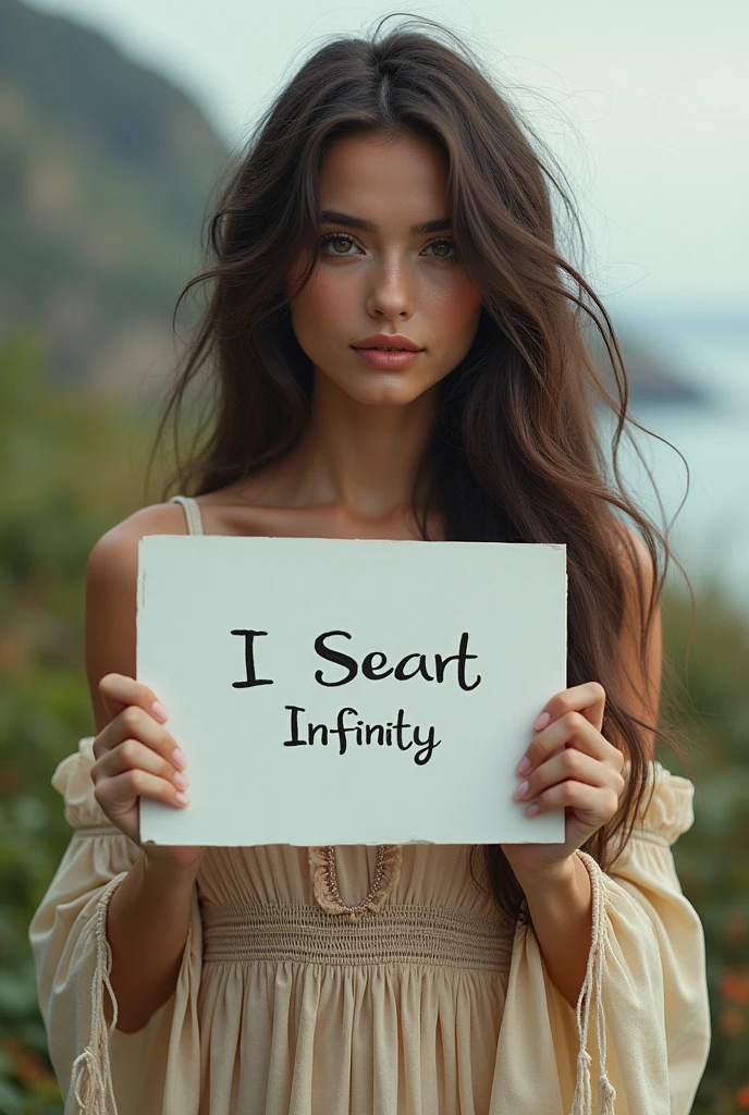 Beautiful girl with wavy long hair, bohemian dress, holding a white board with text "I Love Seaart Infinity" and showing it to the viewer