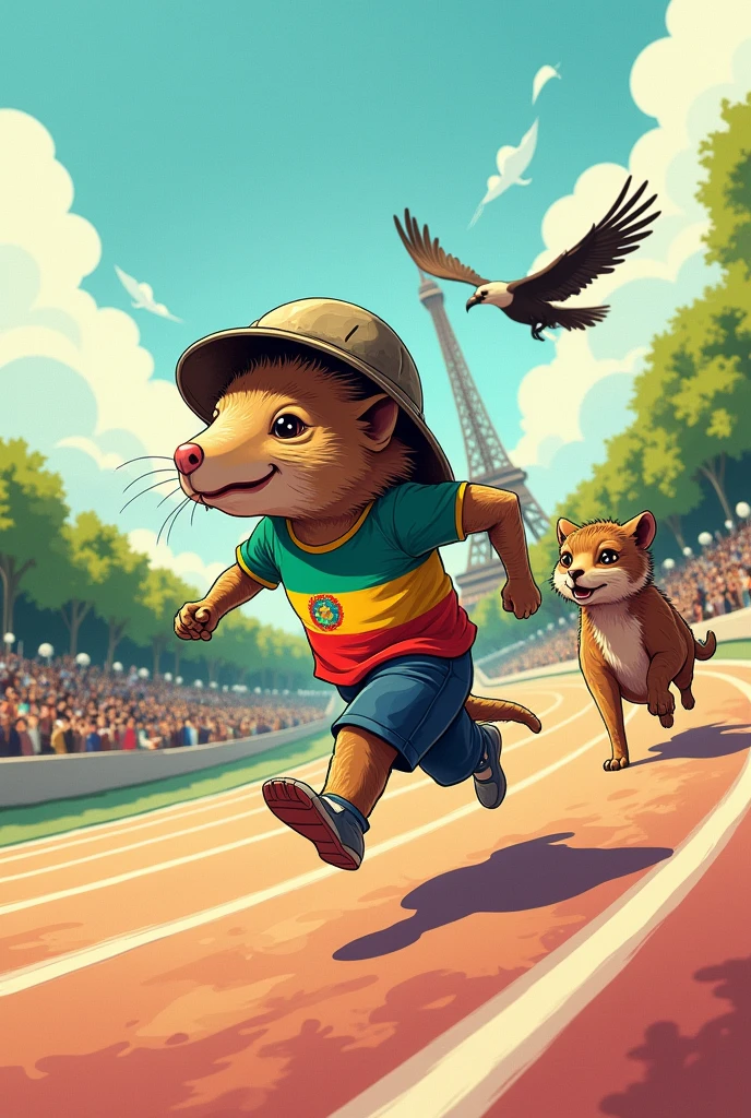 An animated armadillo athlete running in Paris 2024 with an old miner's helmet and his third Bolivian flag (Red color, yellow and green horizontally)
A lead puma chasing behind An Andean condor in the air The orientation of the colors of the t-shirt upside down