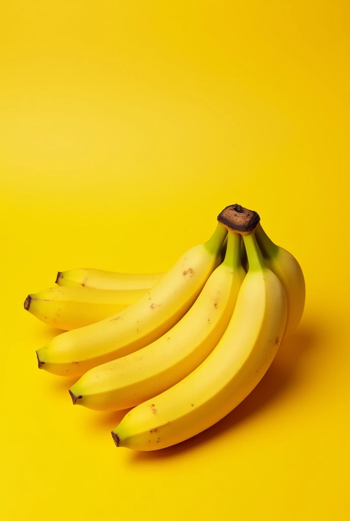 a realistic image of a banana bunch on a yellow background. The bananas should appear medium ripe and ready to eat, with no deformities. The photo should be taken with a Nikon Z7 camera and a prime 80mm lens, using an aperture of f/8 and a shutter speed of 1/125. The image should be well-balanced in composition, following the rule of thirds and the golden ratio. The lighting should be natural and use daylight white balance. The photo should be sharp, well-lit, and high-resolution. Please ensure that the bananas look good, natural, and are displayed in a way that is pleasing to the eye.