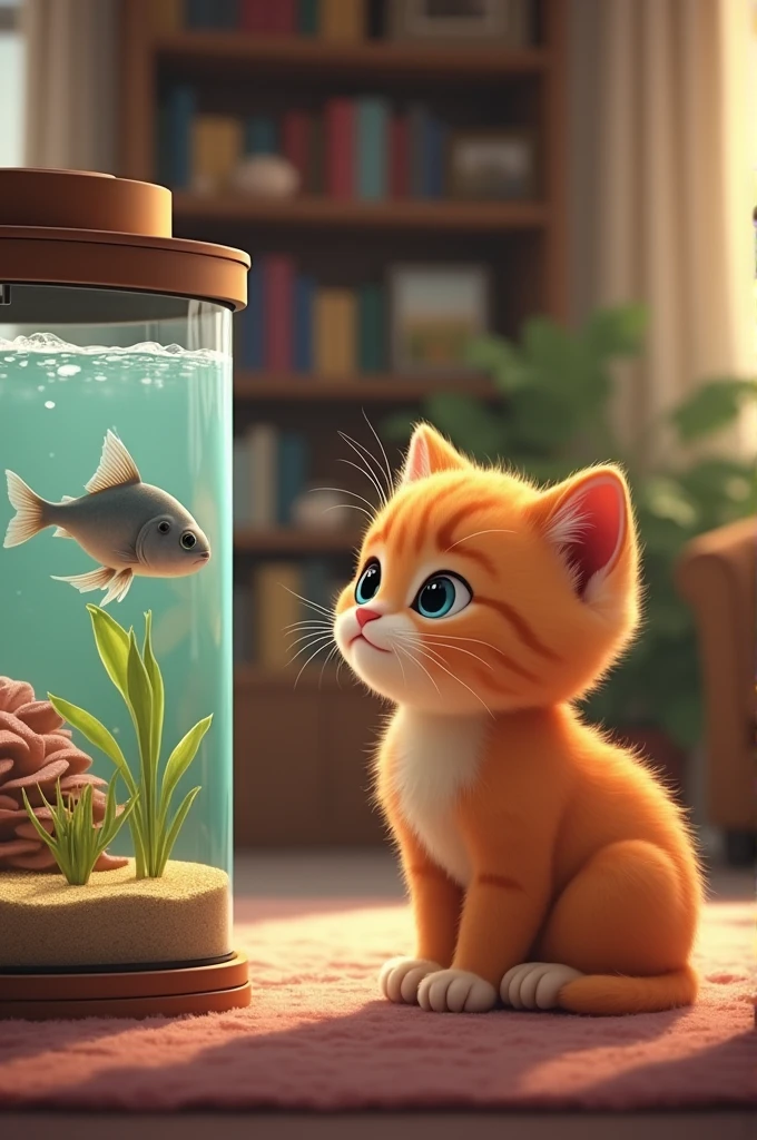 Orange kitten looking at aquarium with one gray fish (background living room)