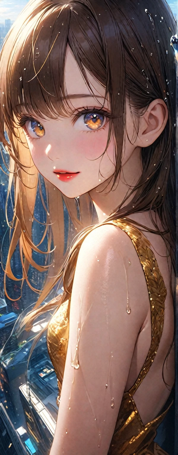 Straight Hair、Brown Hair,((Highly detailed golden sexy dress)), Looks about 17 years old, (beautiful girl: 1.3),1girl,Highest quality,8k,Highly detailed CG unit wallpaper,masterpiece:1.2,Highest quality,Ultra-high resolution,RAW Photos,Realistic textured skin,Cinema Lighting,happy,Big Eyes,Detailed eyes,Wet,Wet,Watery eyes,weak,(Beautiful glossy lipstick,Perfect Makeup,Ultra-high definition beauty face,Huge building,Metropolis,(Big, round and beautifully shaped butt),(Standing on the rooftop of a skyscraper in Cyber City),(Panoramic View),