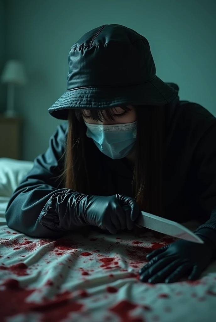 korean girl, (behind corpse, surgical mask), holding knife, stabbing, black gloves, room full of blood, black raincoat, bucket hat, holding knife, black gloves, behind corpse, blood splatter, bondage, long bangs, bed room, black wet suit, night, mass murderer, killer, robbery, dark atmosphere, cinematic lighting, atmospheric realistic, close-up,