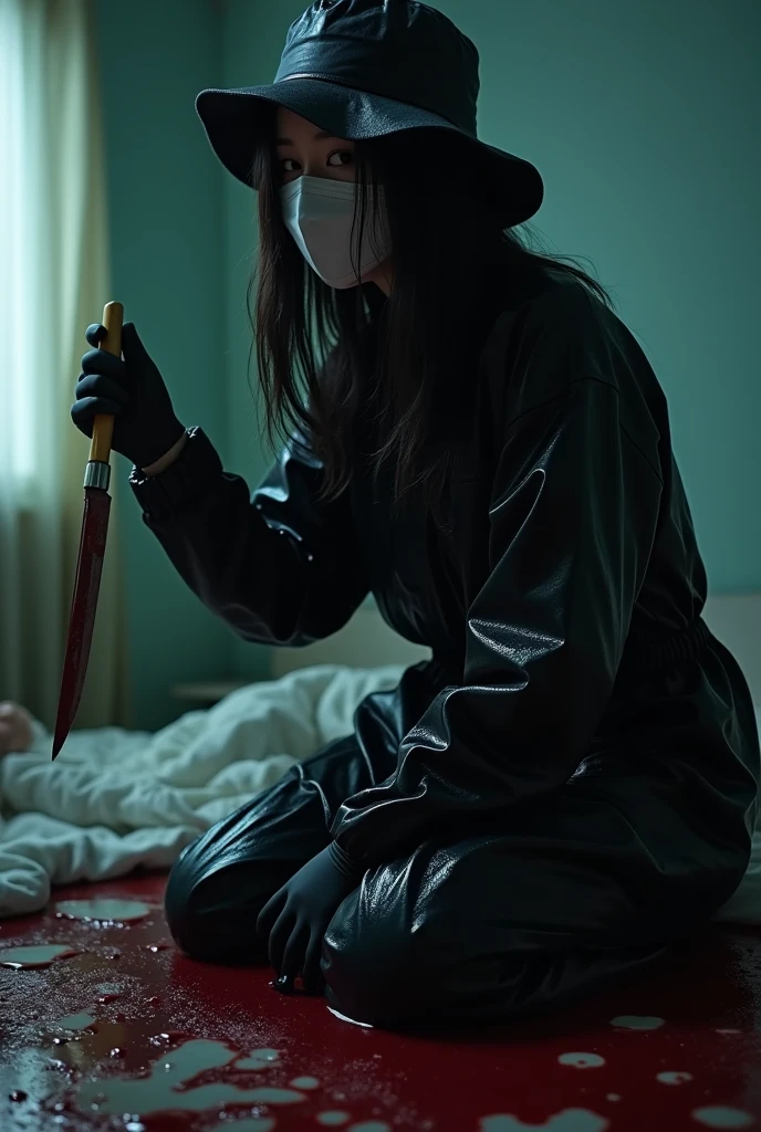 korean girl, (behind corpse, surgical mask), holding knife, stabbing, black gloves, room full of blood, black raincoat, bucket hat, holding knife, black gloves, behind corpse, blood splatter, bondage, long bangs, bed room, black wet suit, night, mass murderer, killer, robbery, dark atmosphere, cinematic lighting, atmospheric realistic, close-up,